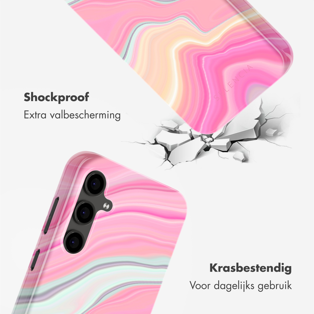 Een roze, crèmekleurig en wit marmeren telefoonhoesje wordt weergegeven in een promotiefoto.