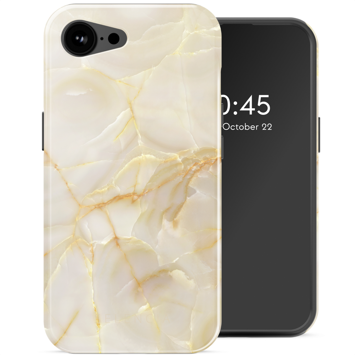 Un telefono in una custodia di marmo bianco con schermo nero, che mostra l'ora e la data.