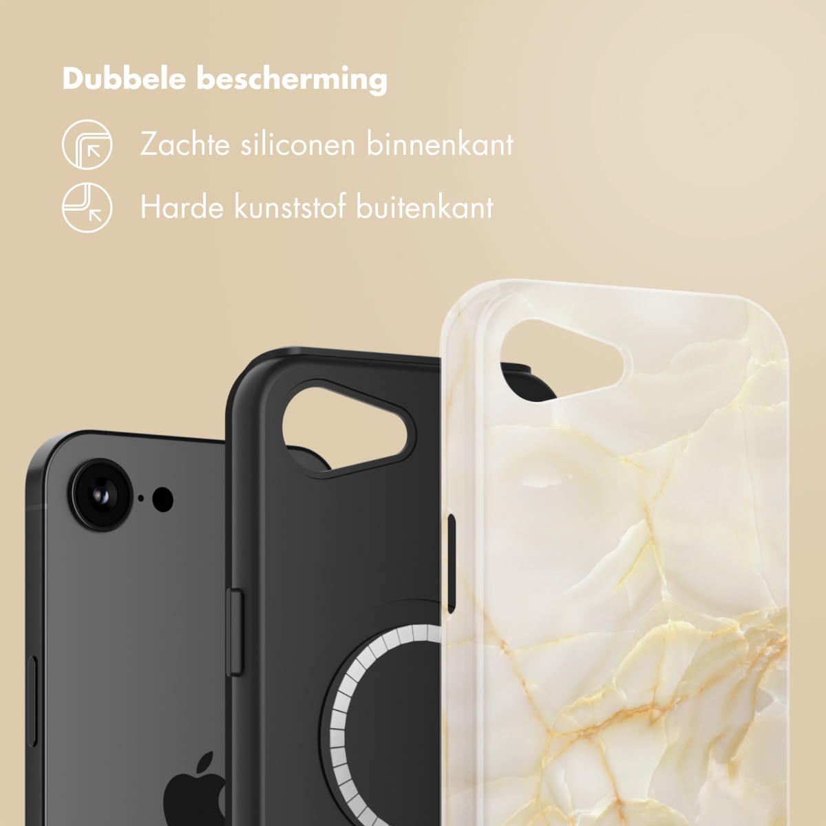 Custodia per telefono e due telefoni. Uno con design marmorizzato, l'altro nero. Sfondo bianco.