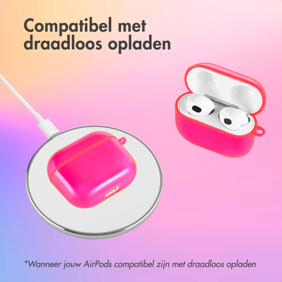 Pink AirPod case charging on a wireless charging pad. White cable. Another AirPod case is visible.