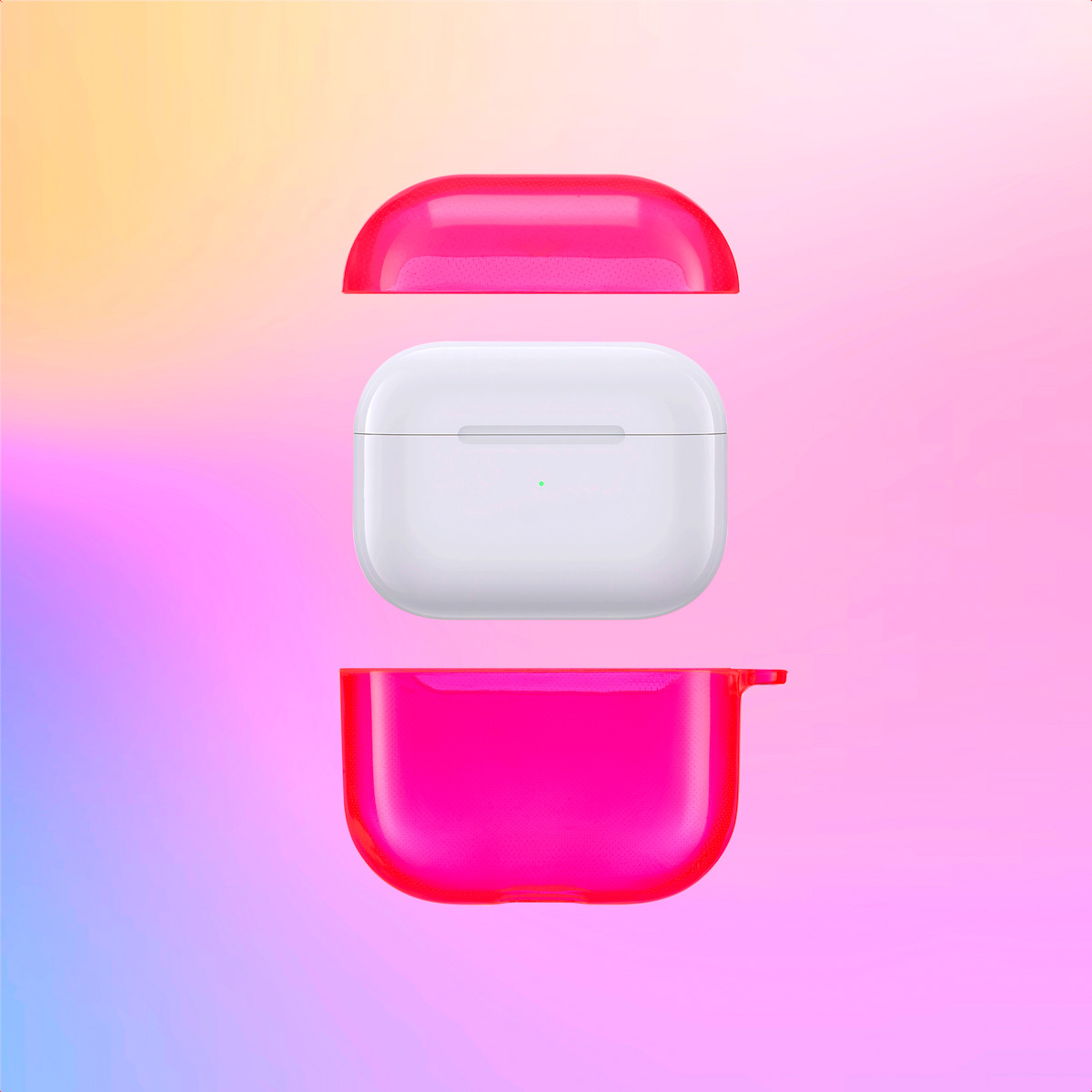 Pink AirPods case parts, white AirPods case, against a pink-yellow gradient background. The case is disassembled.