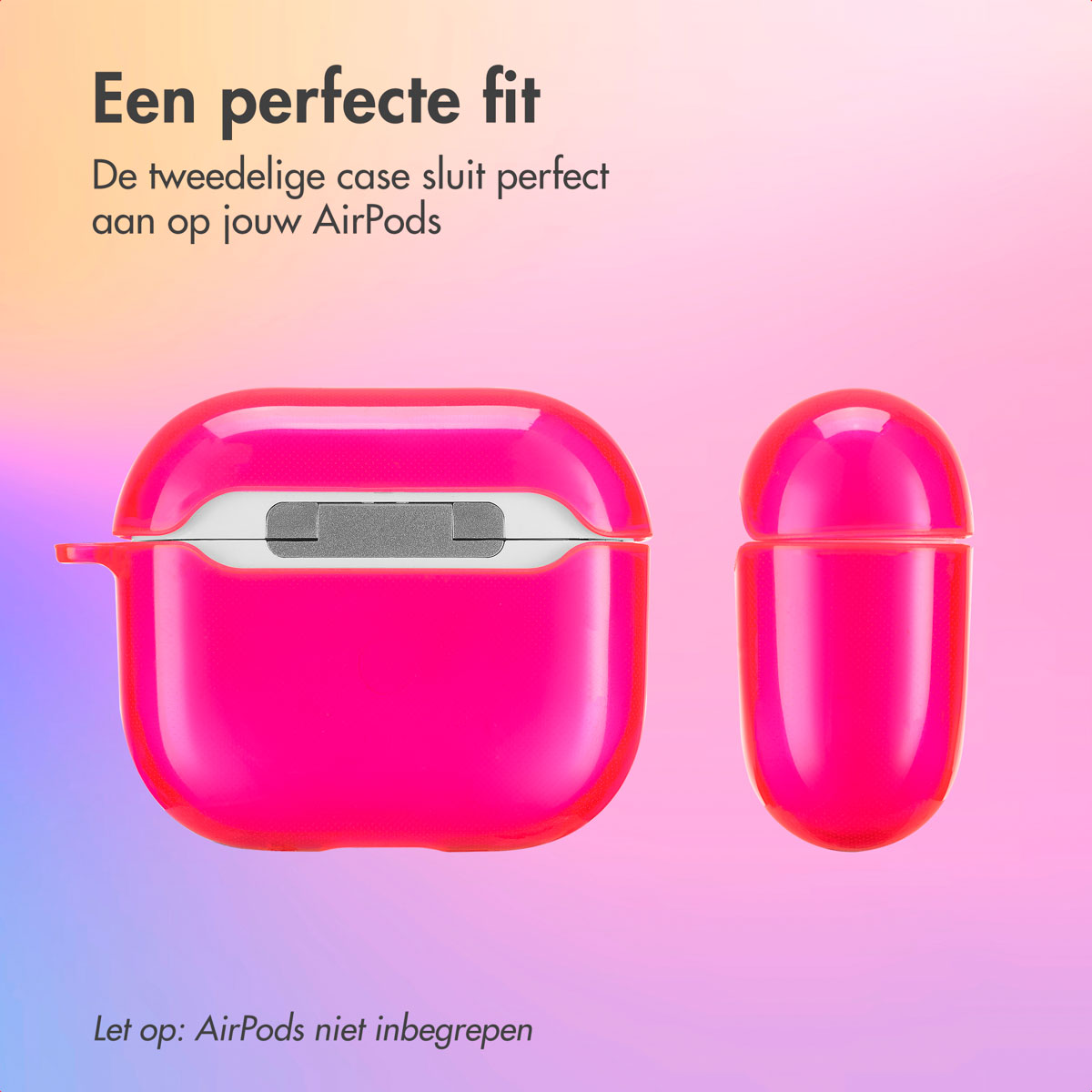 Pink AirPod case on a gradient background. Text: 'Een perfecte fit'.