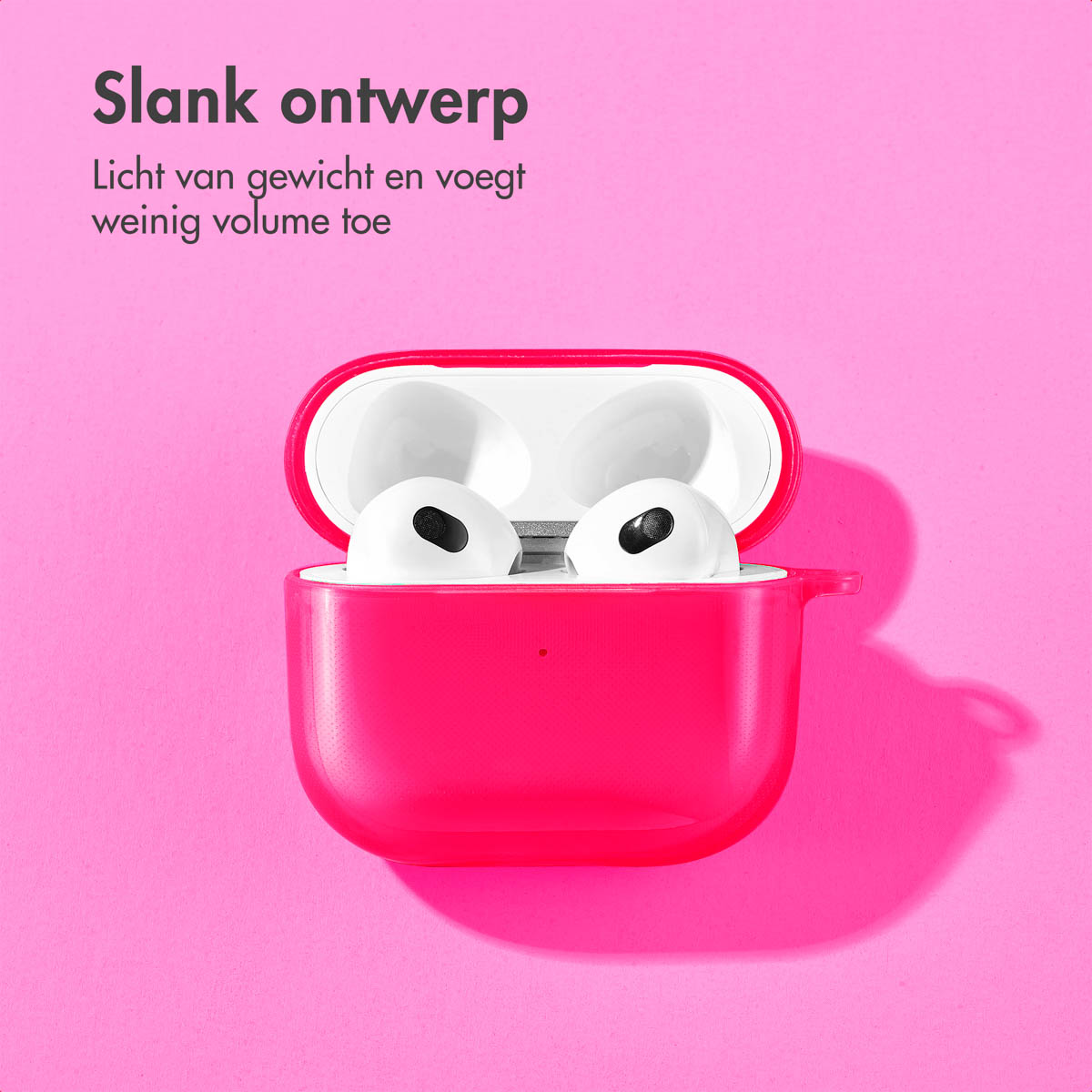 Open pink AirPods case containing white AirPods. The text reads: 'Slim design'.