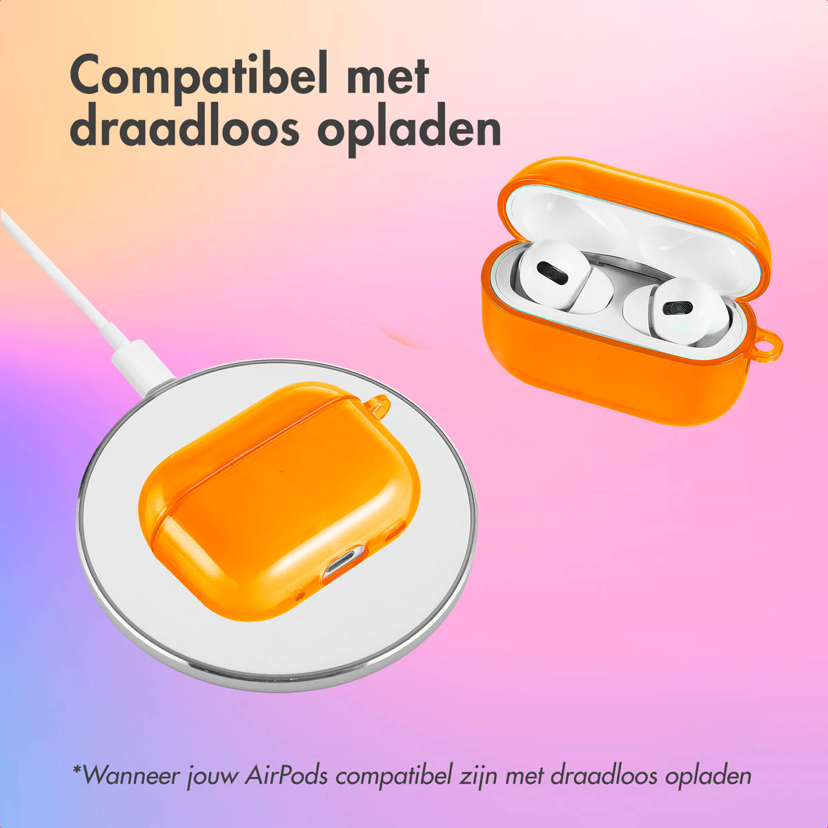 Orange AirPod case charging on a wireless charger. AirPods are visible inside. 