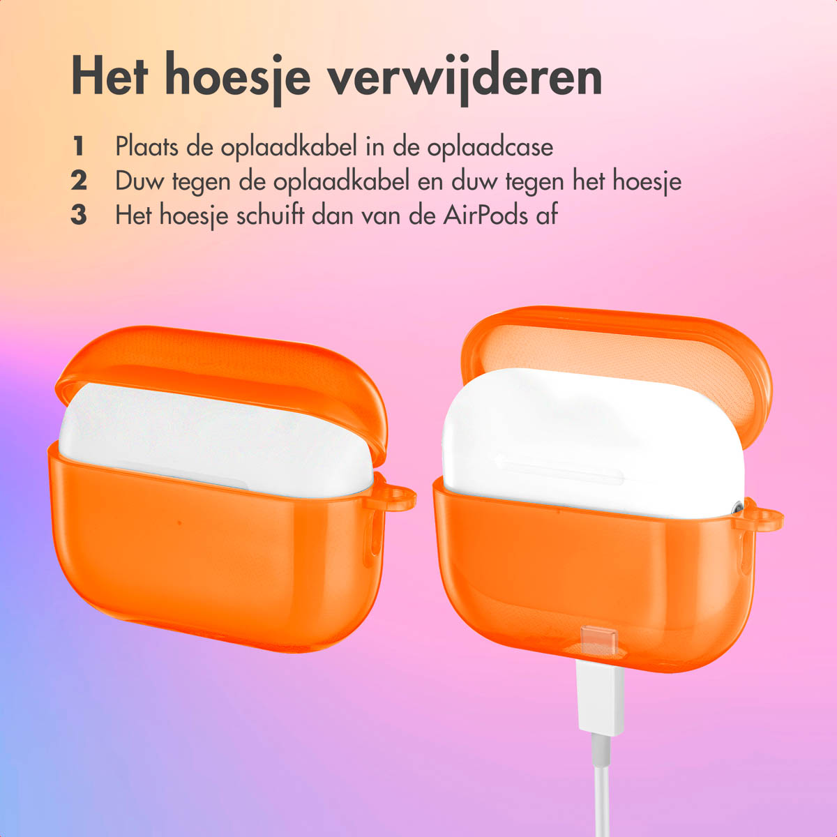 Two orange AirPods cases, one open and one closed, with the text: 'Removing the case'.