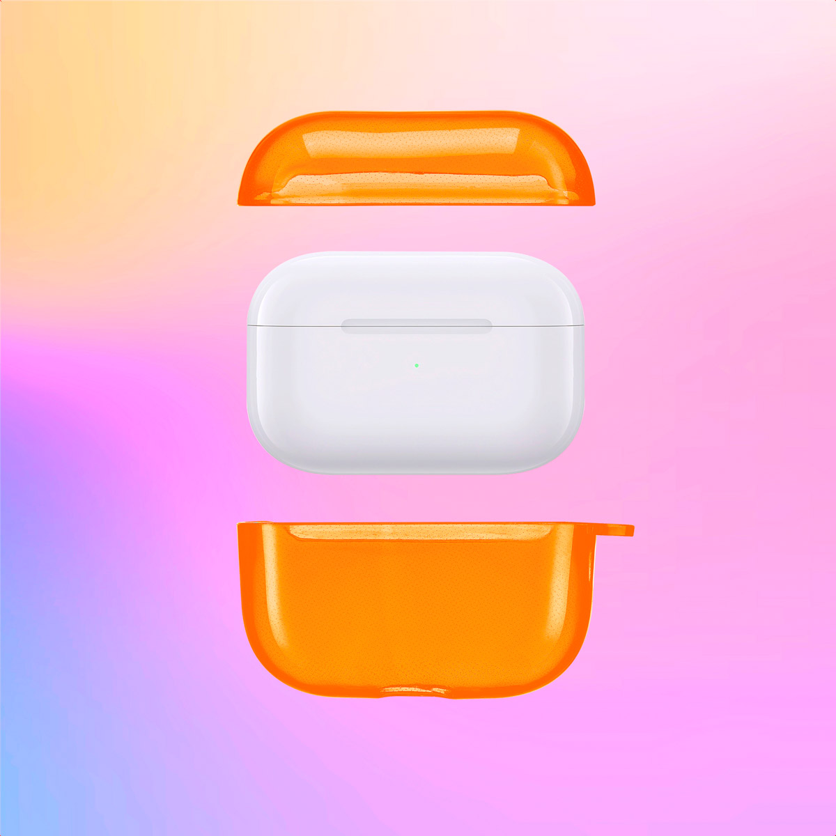 AirPods case with orange top and bottom parts, and a white center.
