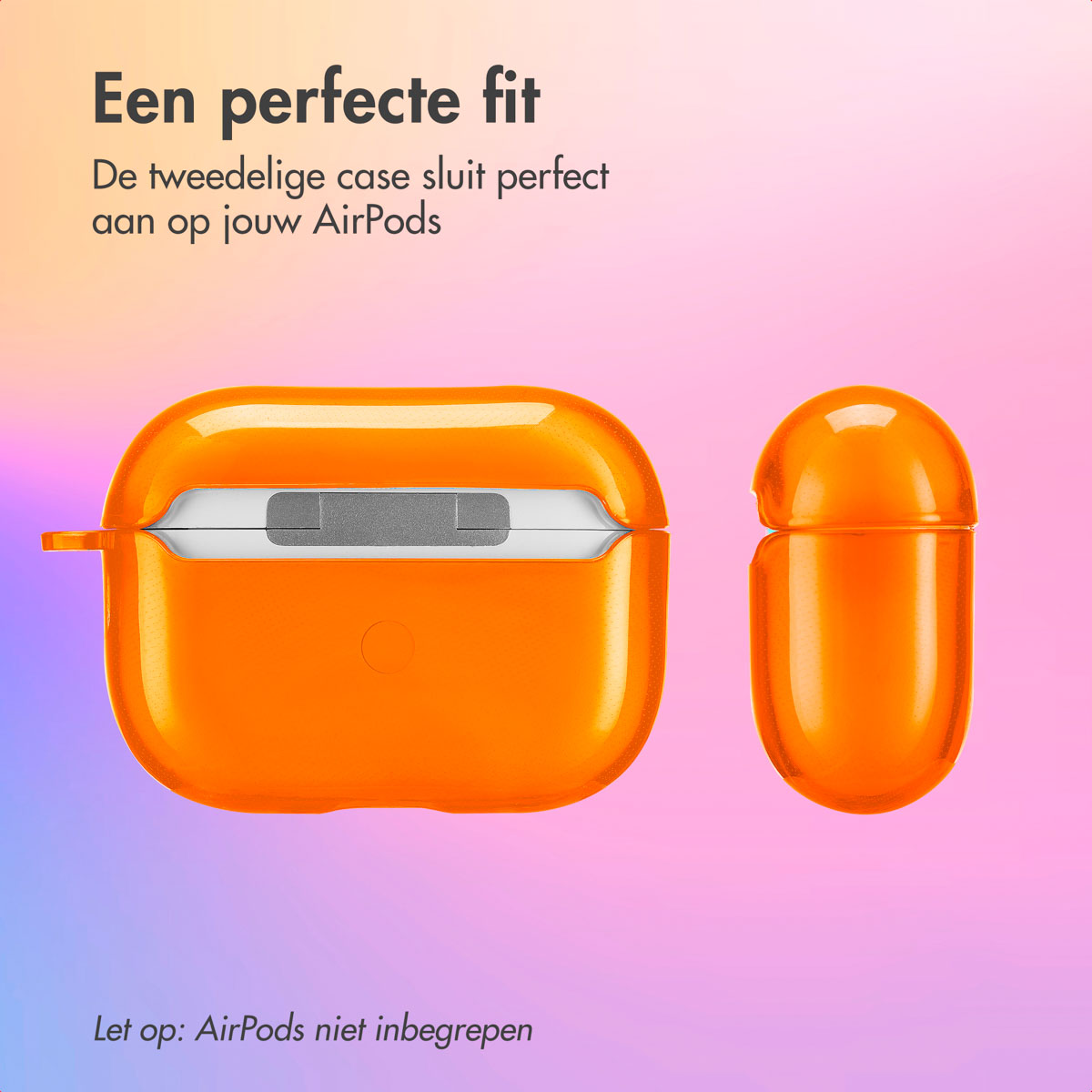 Orange AirPods case, open and closed, against a pink and purple gradient background. Text at the top and bottom.