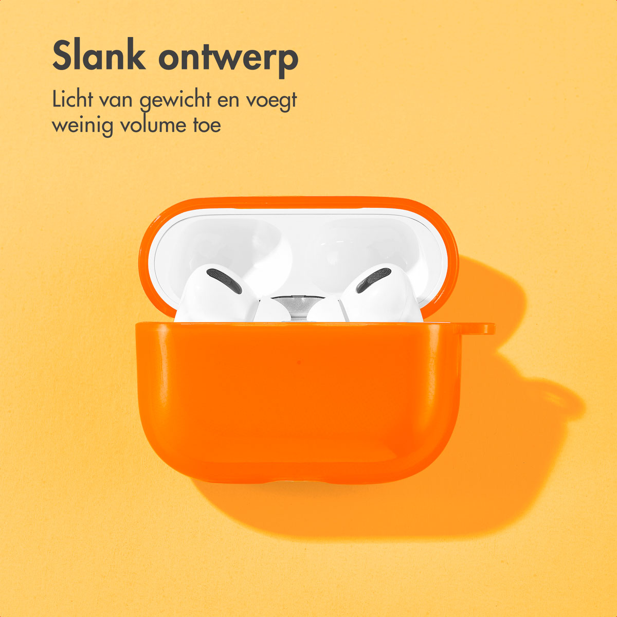 Open orange AirPods case containing white AirPods. The text reads: 'Slim design'.