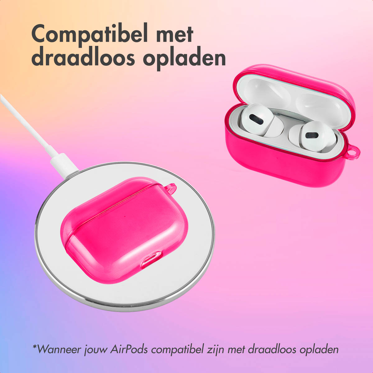 Pink AirPod case charging on a wireless charger. AirPods are visible inside. 
