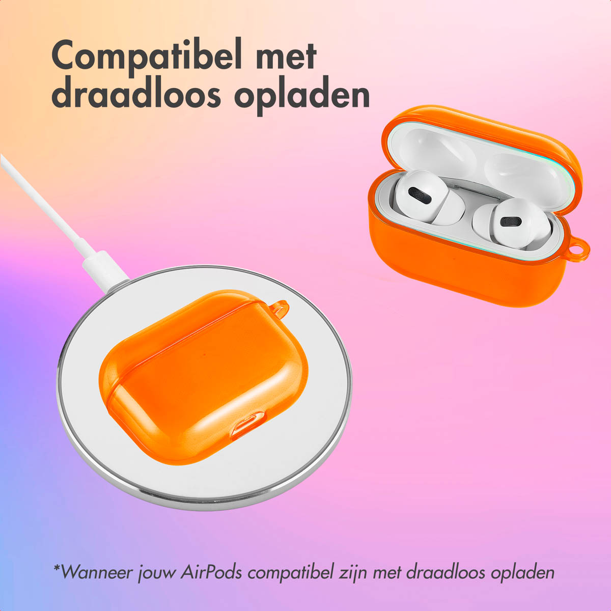 Orange AirPod case charging on a wireless charger. AirPods are visible inside.