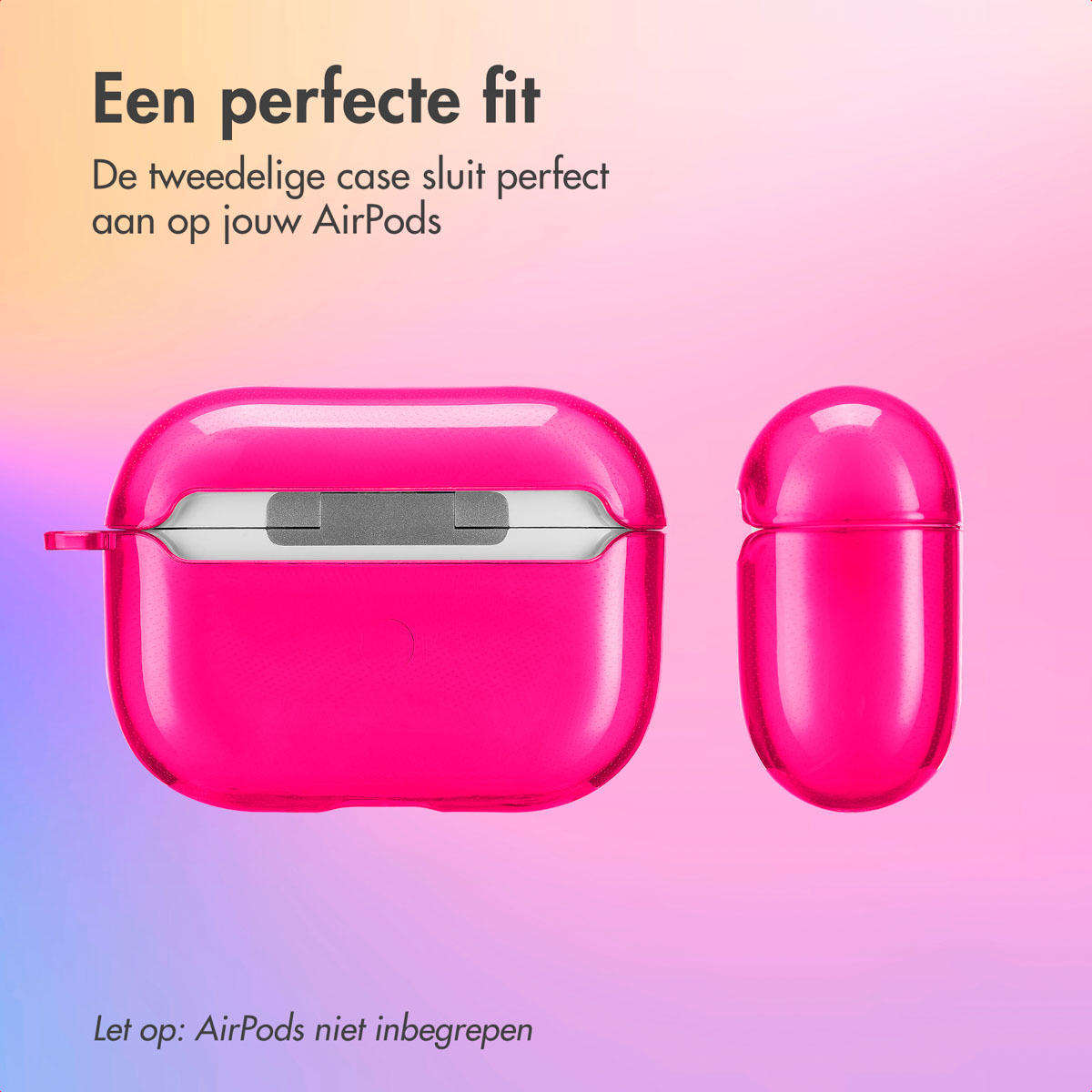 Pink AirPod case on a gradient background. Text: 'Een perfecte fit'.