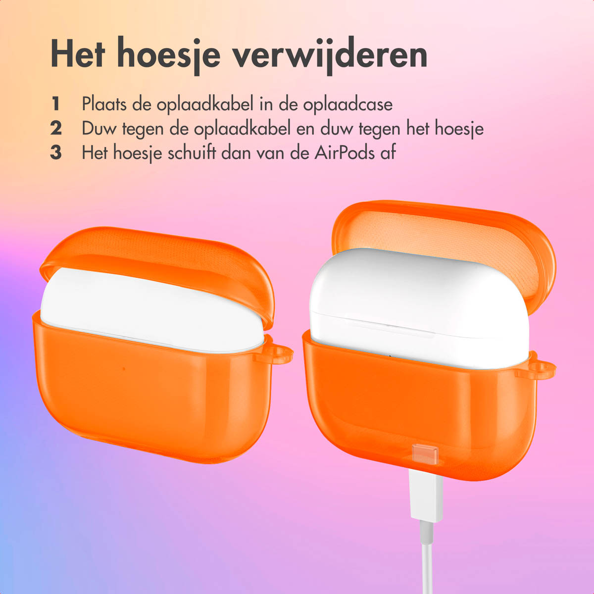 Two orange AirPods cases are being opened, showing the white AirPods inside. Instructions are shown.