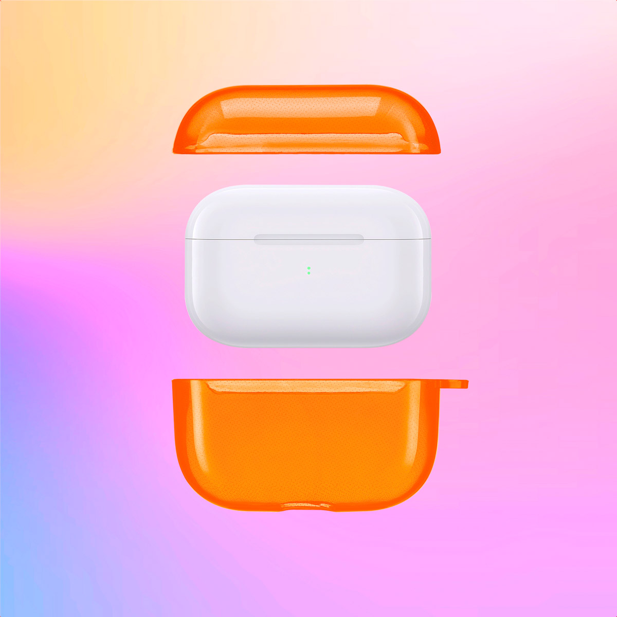 Orange case parts separate from the white AirPods case. A gradient background is visible.
