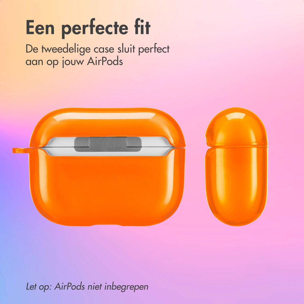 Orange AirPods case, split into two pieces. Text: A perfect fit. AirPods not included.