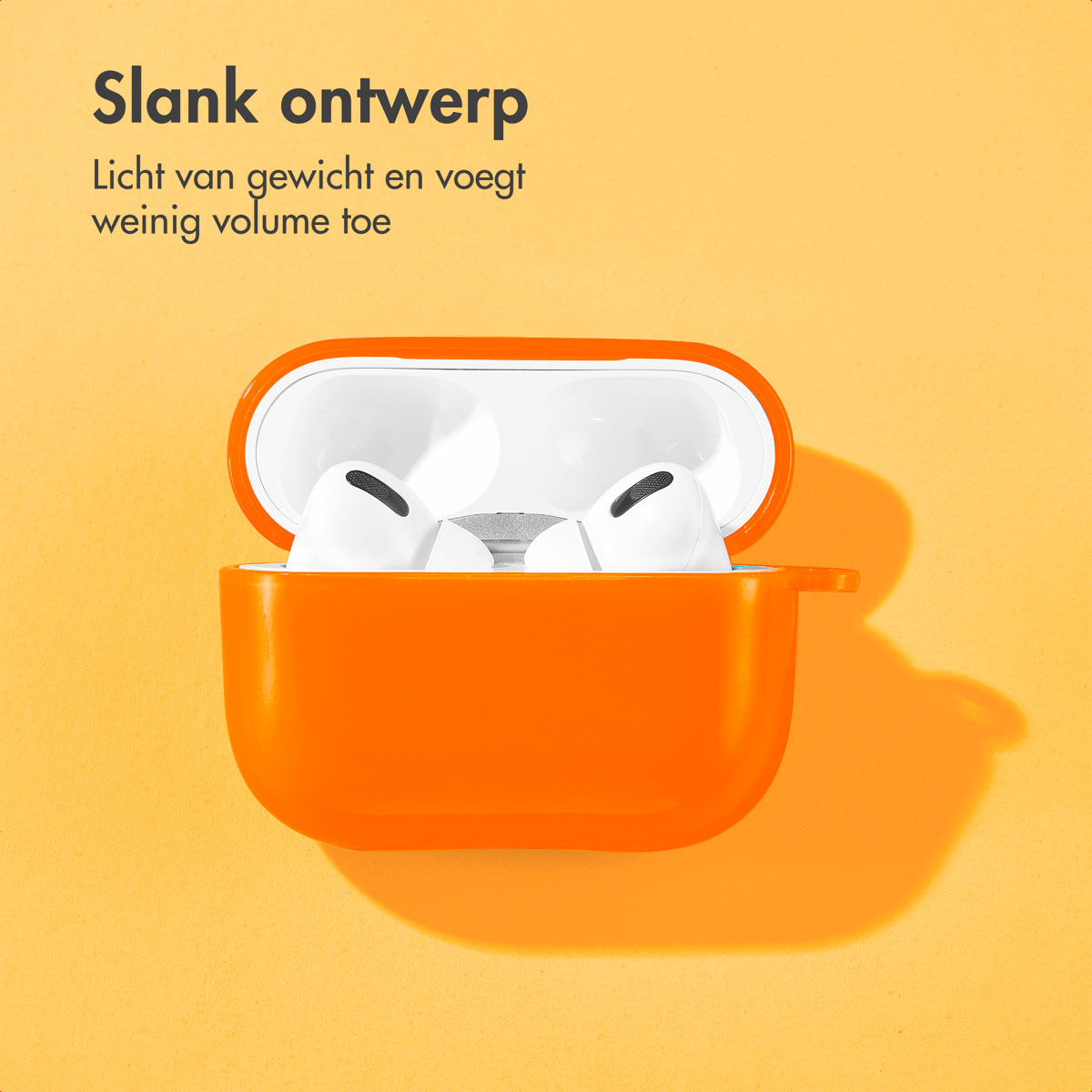 Open orange AirPod case with Airpods inside. The case is on an orange background.