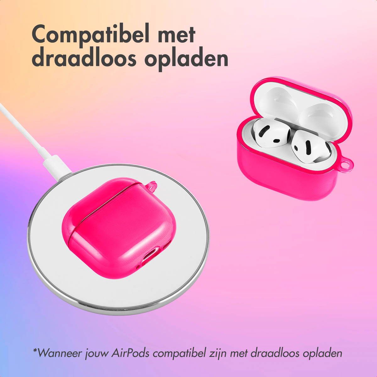 Pink AirPod case charging on a wireless charger. AirPods are visible inside. 