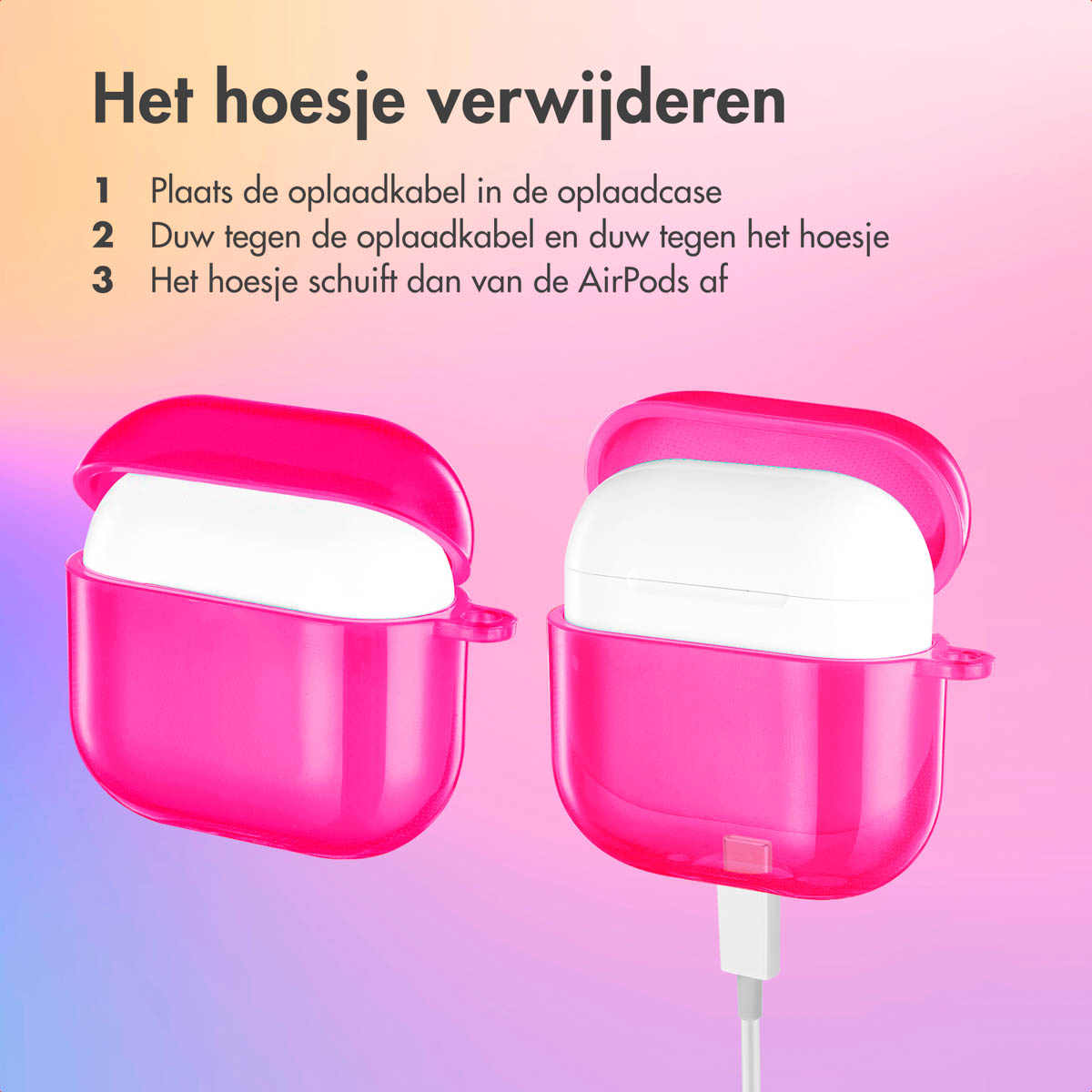 Two pink AirPods cases are being opened, showing the white AirPods inside. Instructions are shown.