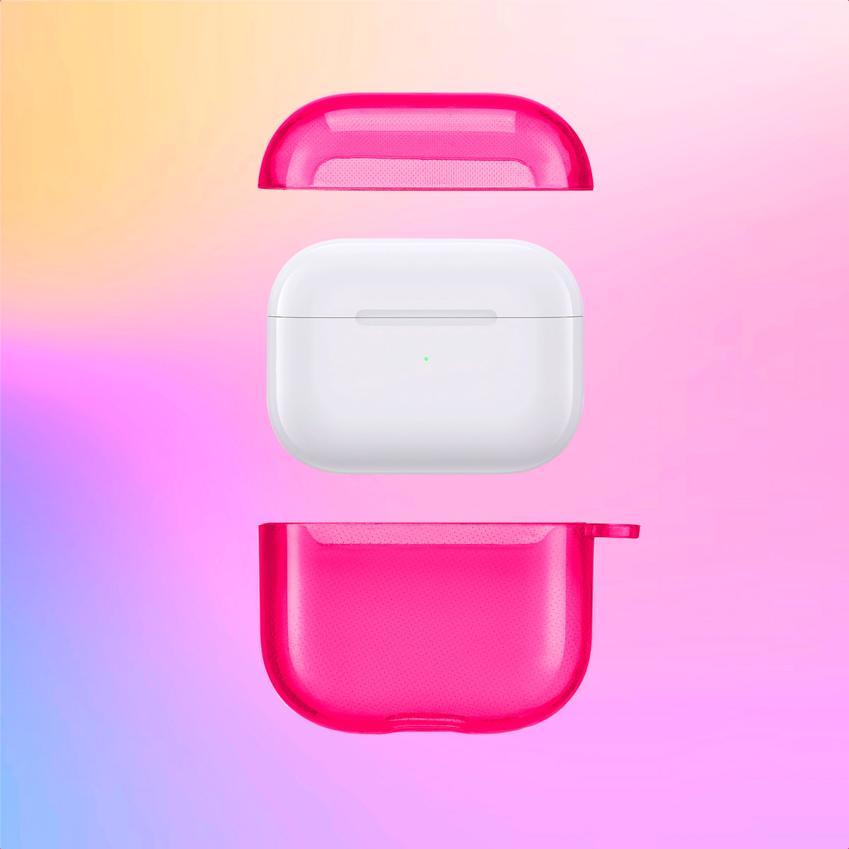 Pink case parts separate from the white AirPods case. A gradient background is visible.