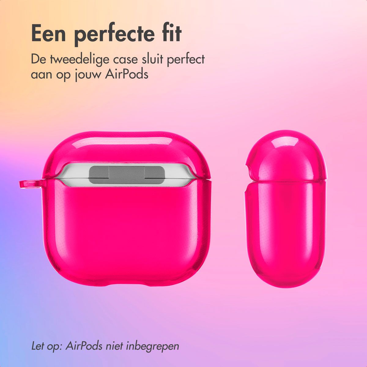 Two piece pink AirPod case, open. White AirPod case is visible inside. Pink background.