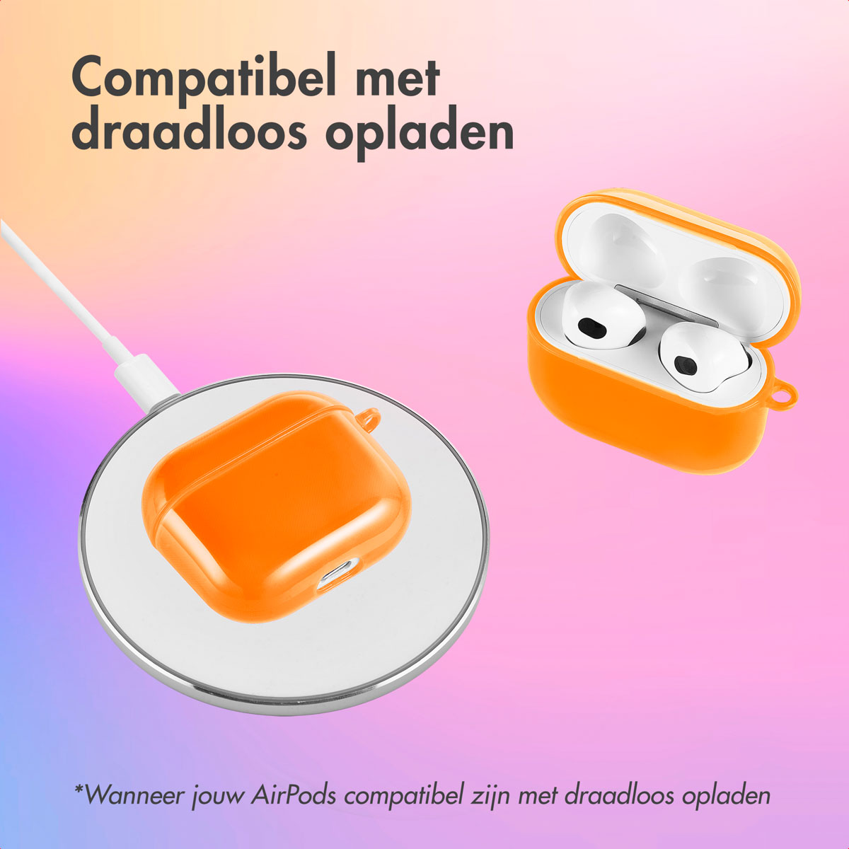 Orange AirPods case and charger. Text: Compatible with wireless charging. AirPods must be wireless charging compatible.