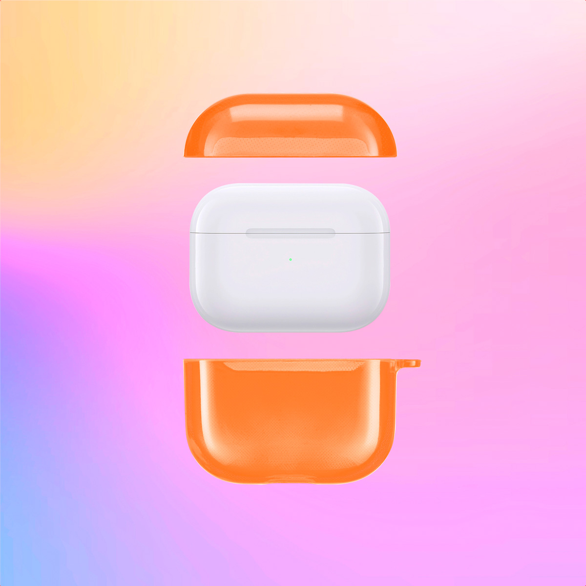 White AirPod case in orange case, split into three pieces. Pink and purple background.