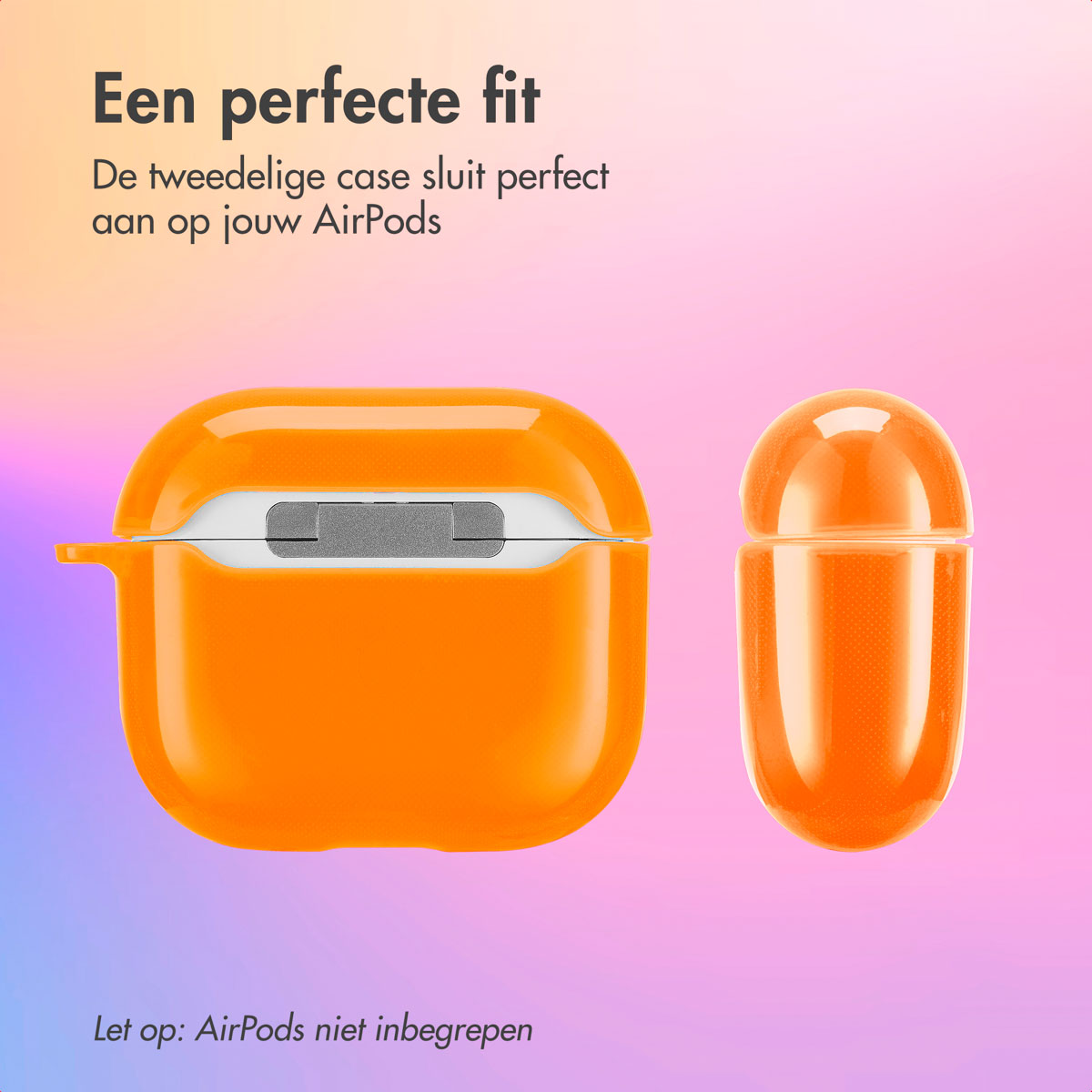 Orange AirPod case on a gradient background. Text: 'Een perfecte fit'.