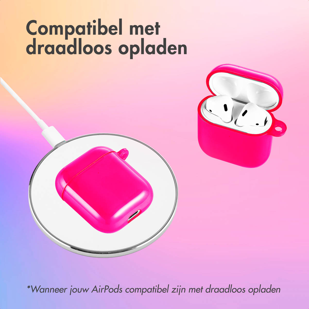 AirPods and a pink case on a wireless charger. Text in Dutch is shown.
