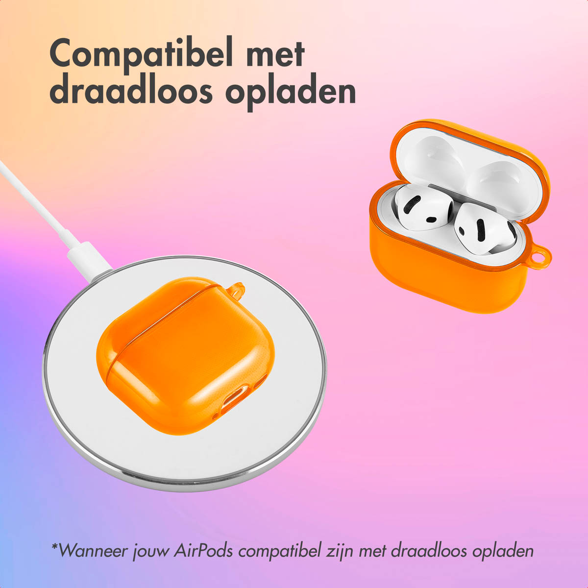 Orange AirPods case and charger. Text: Compatible with wireless charging. AirPods must be wireless charging compatible.