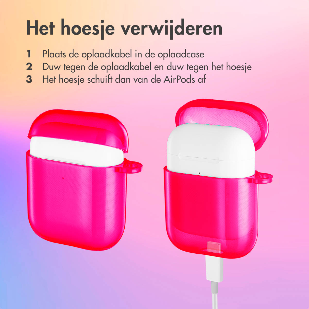 Two pink AirPods cases are being opened, showing the white AirPods inside. Instructions are shown.