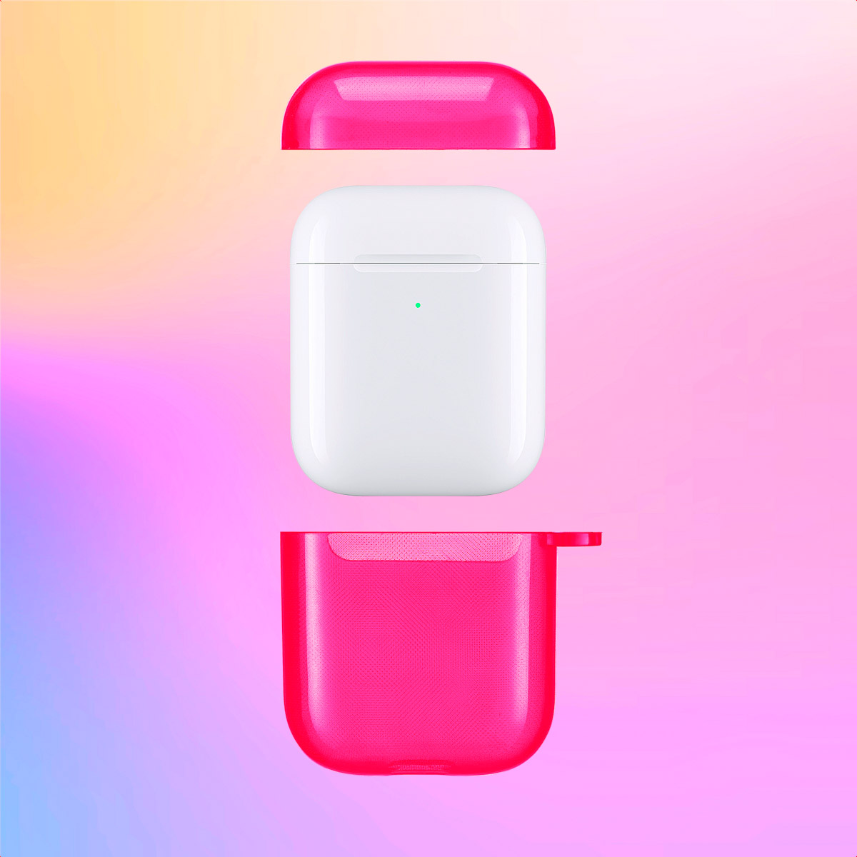 Pink AirPods case, split into three pieces. Text: Perfect fit. AirPods not included.