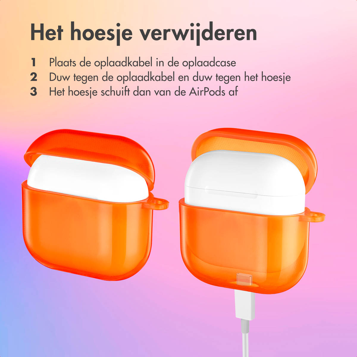 Two orange AirPod cases, one open, with instructions on removing the case.