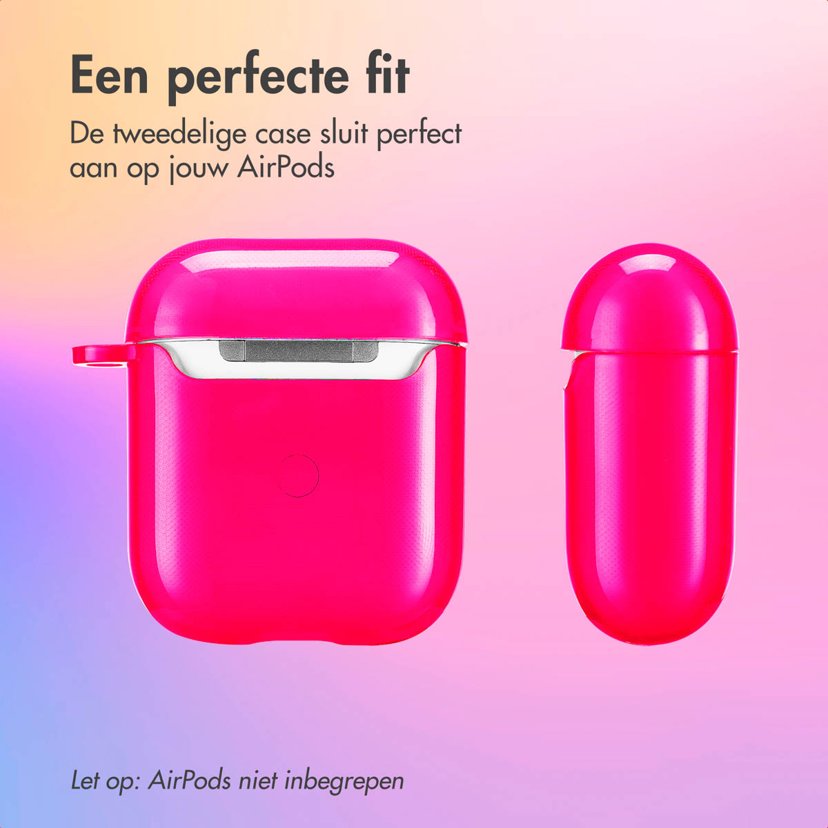 Pink AirPod case on a gradient background. Text: 'Een perfecte fit'.