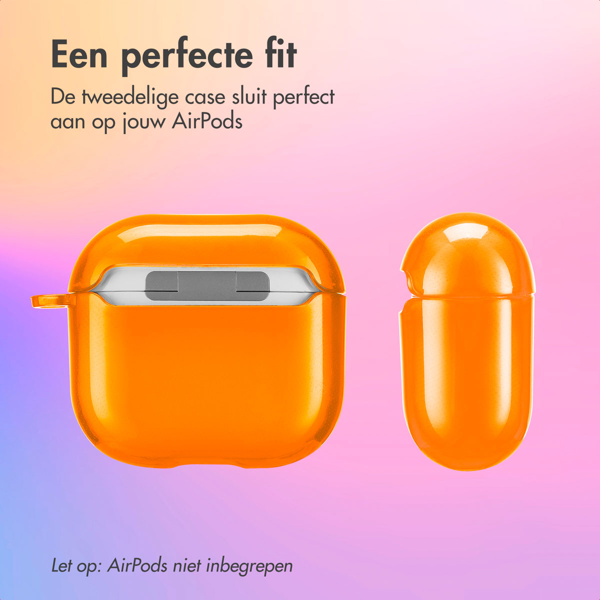 Orange AirPods case, split into two pieces. Text: A perfect fit. AirPods not included.