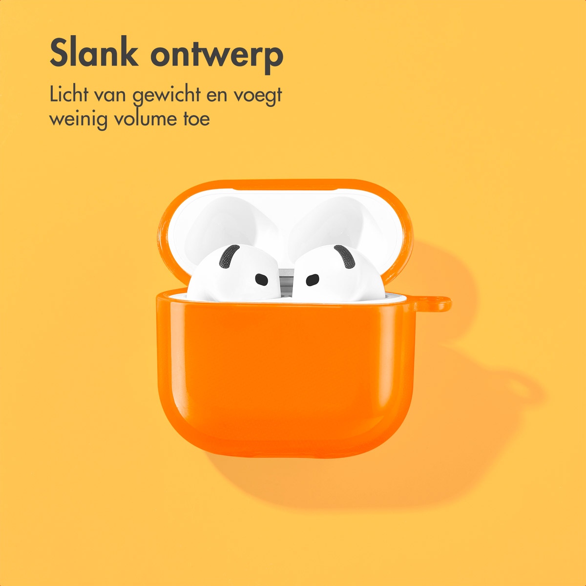White Airpods in an orange case. Orange case is open. Yellow background. Text says sleek design.
