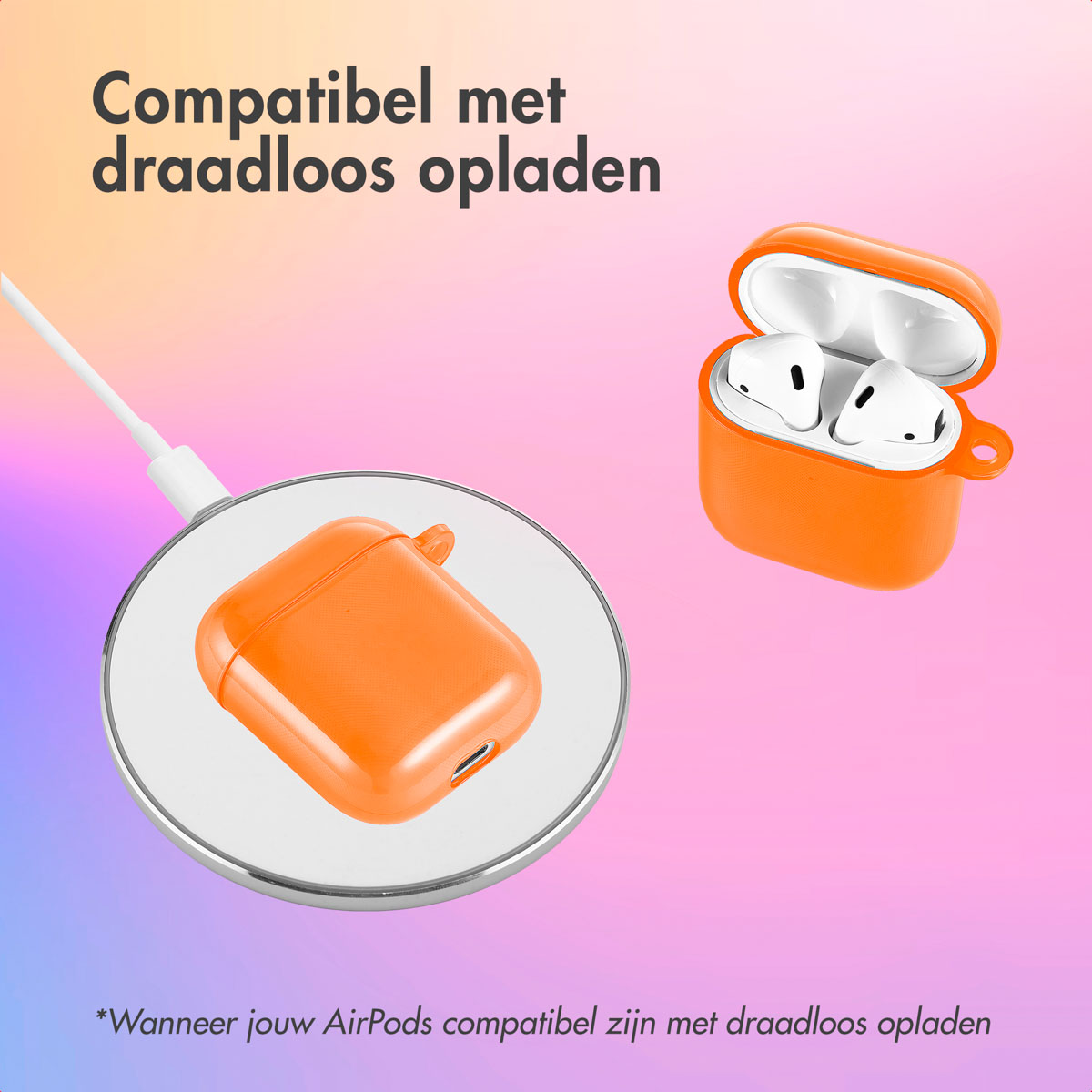 Orange AirPod case charging on a wireless charger. AirPods are visible inside.