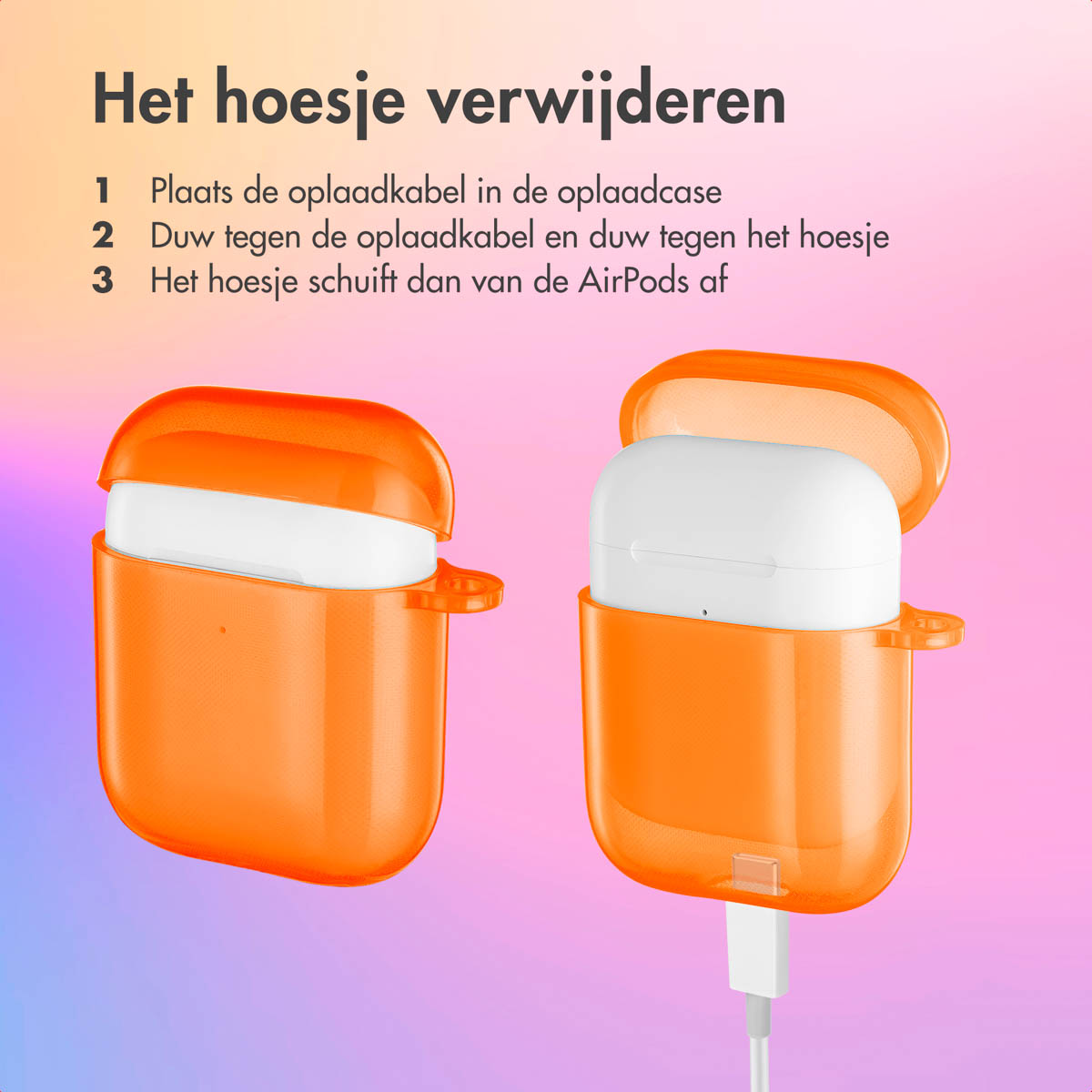 Two orange AirPods cases are being opened, showing the white AirPods inside. Instructions are shown.