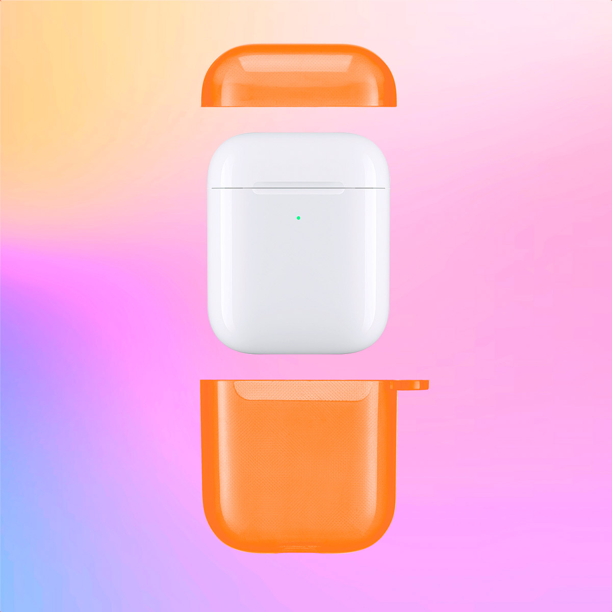 Orange case parts separate from the white AirPods case. A gradient background is visible.