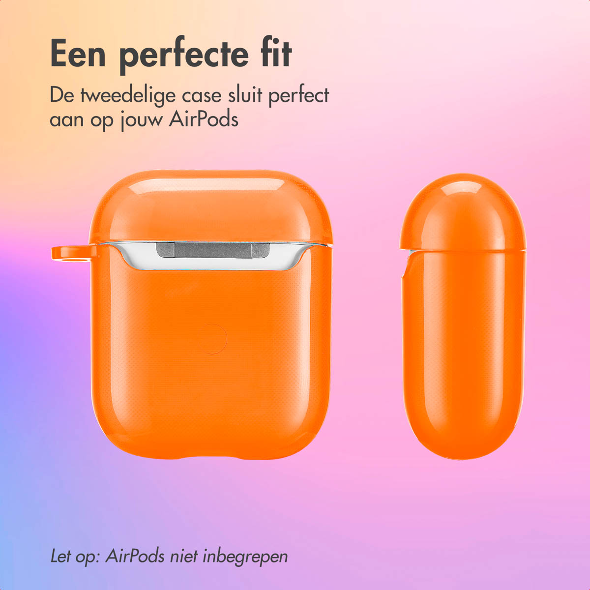 Orange AirPods case, with the lid open next to the closed case. Text in Dutch is visible.