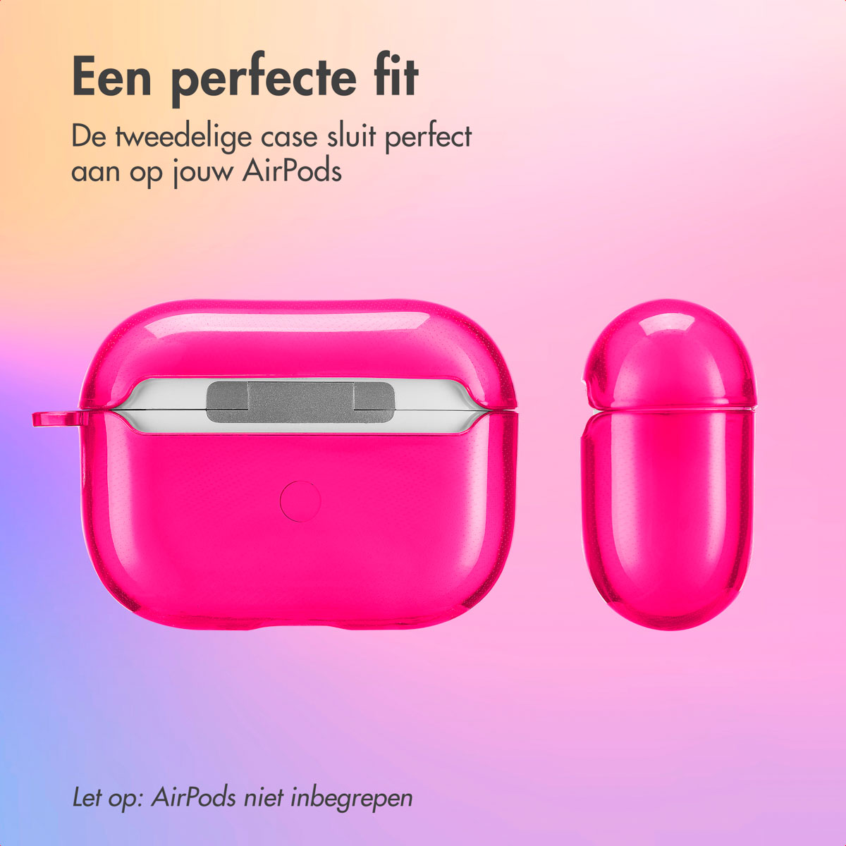 Pink AirPods case, split into two pieces. Text: A perfect fit. AirPods not included.