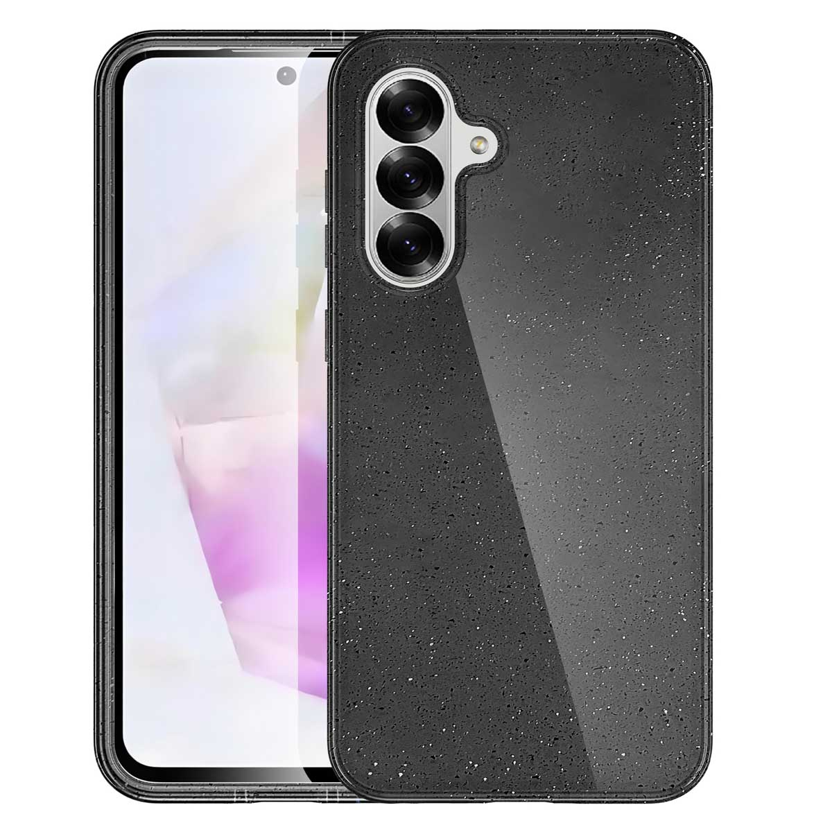 Un étui de téléphone noir avec une surface texturée, présentant les objectifs de l'appareil photo.