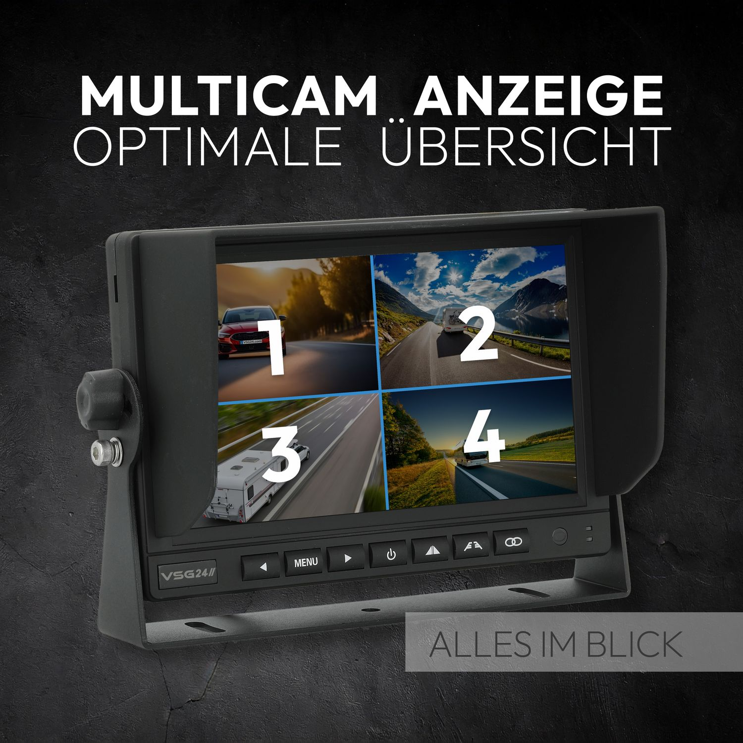 Ein Monitor zeigt vier verschiedene Ansichten mit Straßen und Fahrzeugen. Text zeigt 'MultiCam View' und 'Alles im Blick'.