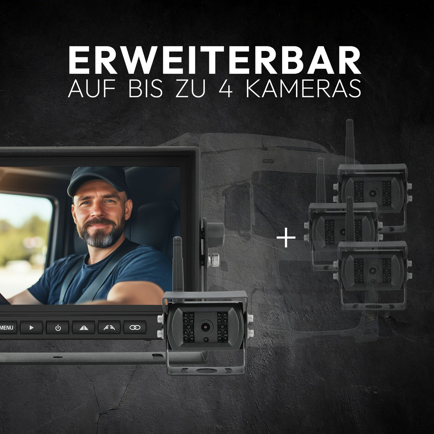 Das Bild zeigt einen Monitor und drei Kameras mit Text, der besagt, dass das System auf 4 Kameras erweiterbar ist.