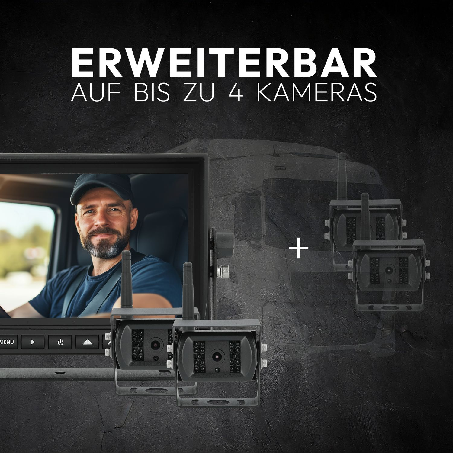 Das Bild zeigt einen Monitor mit einem Mann in einem LKW, Kameras und Text, der besagt, dass das System auf 4 Kameras erweiterbar ist.