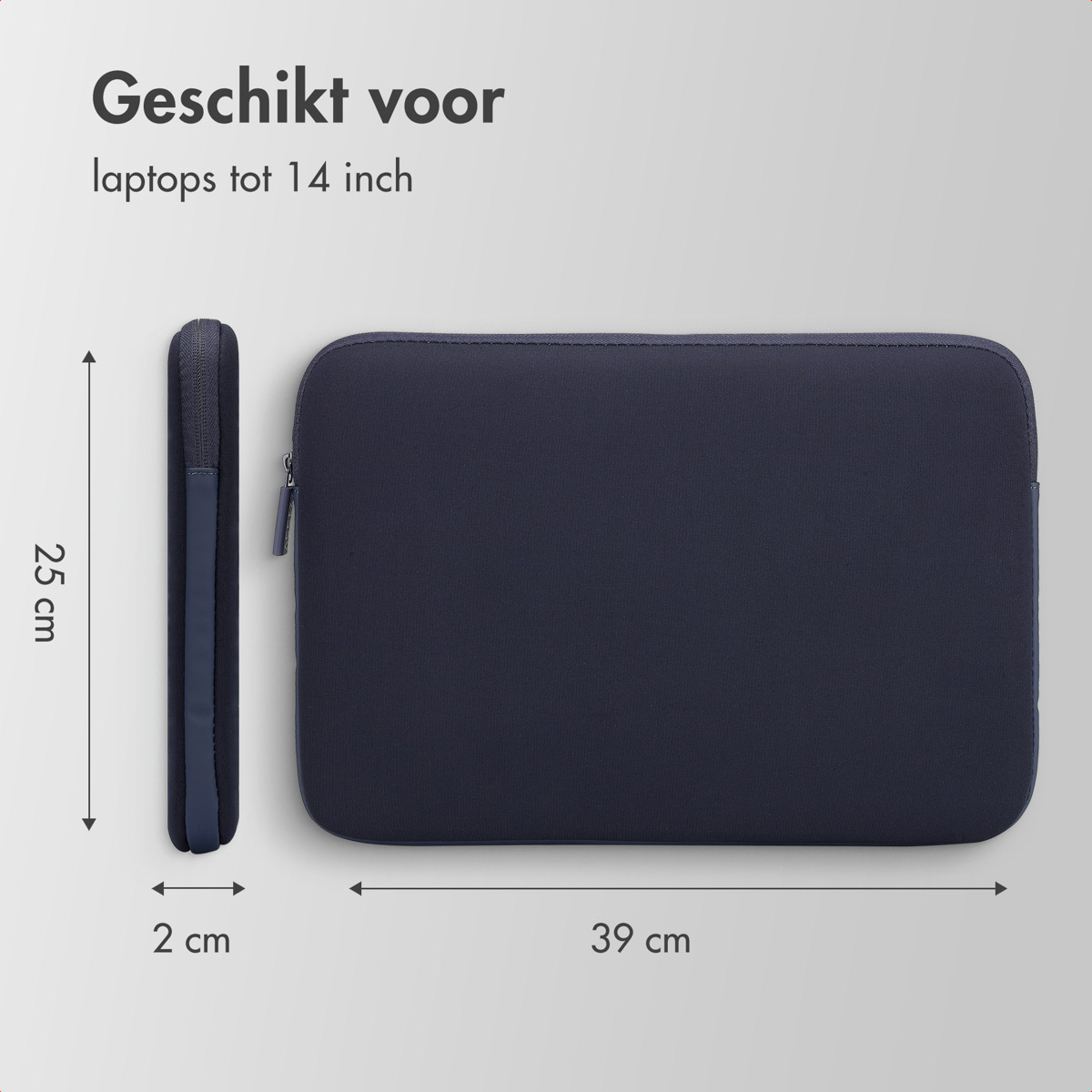 Image of a navy blue laptop sleeve, with dimensions and text: suitable for laptops up to 14 inches.