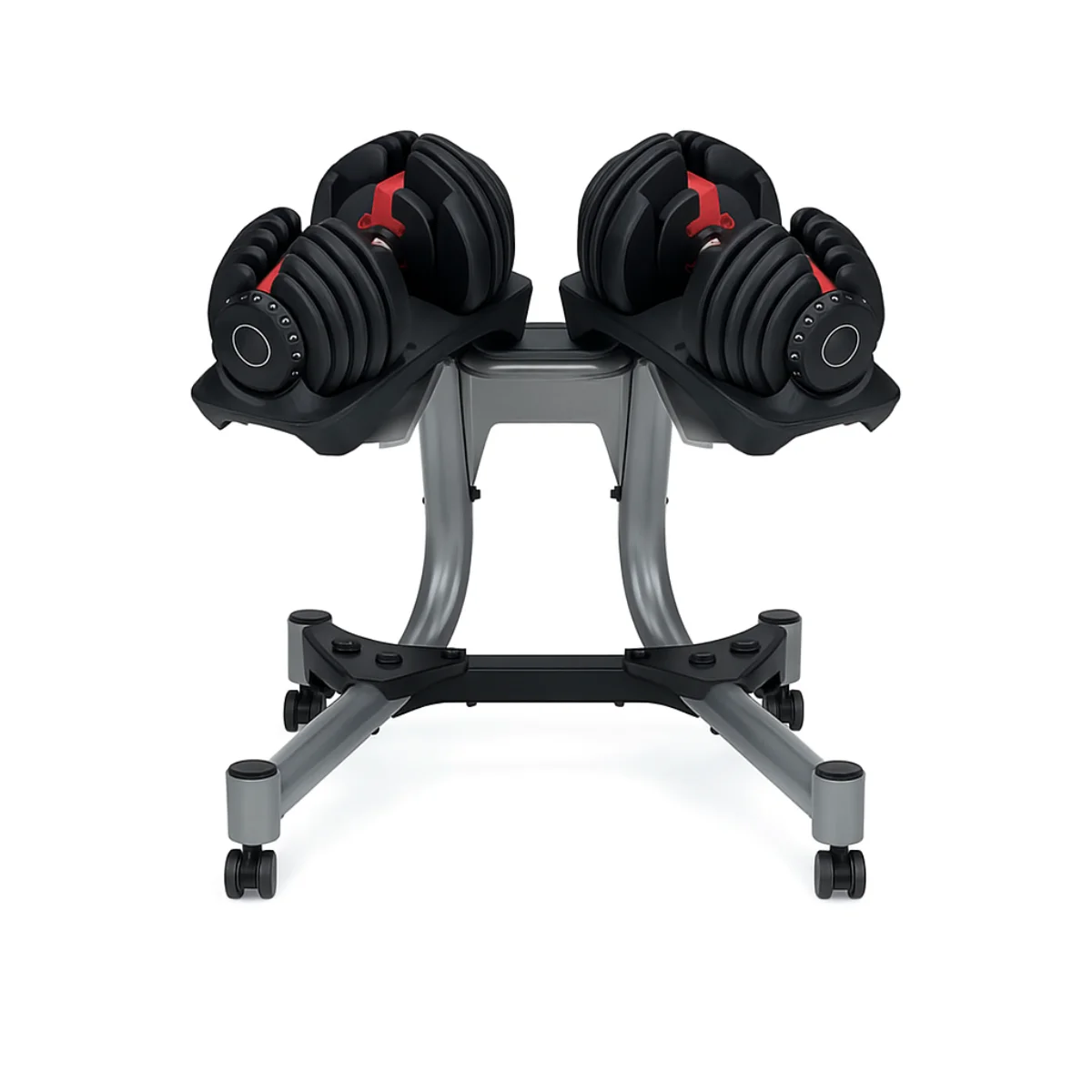 Two dumbbells on a rack. Black and red details on a silver frame, white background.