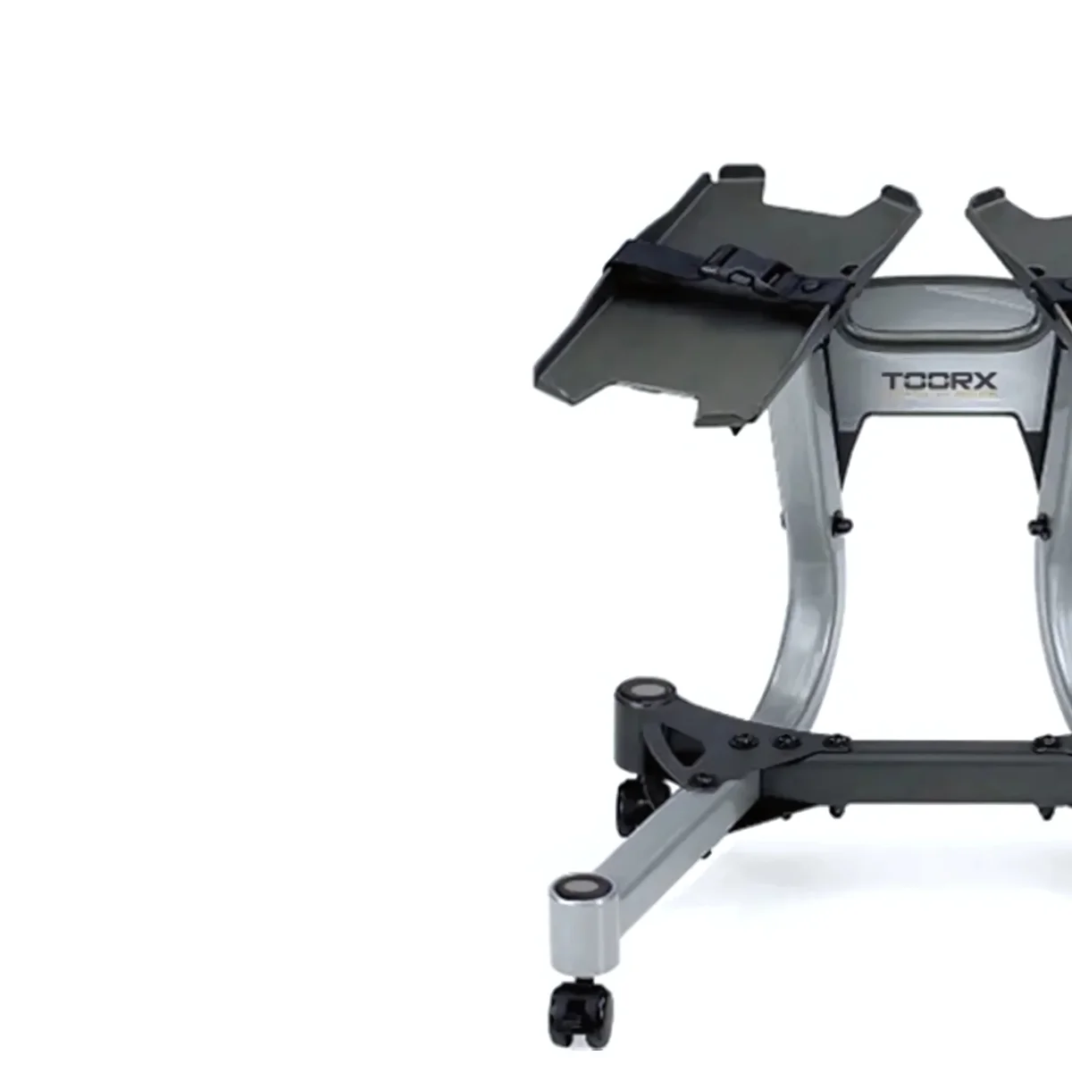 A gym equipment frame, with a rack and wheels, isolated on a white background.