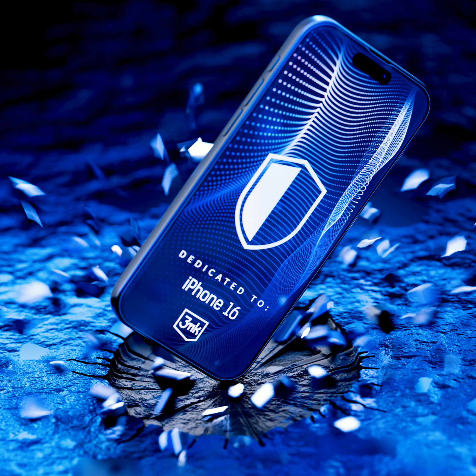 Telefon z ochraniaczem ekranu leży na teksturowanej powierzchni, z roztrzaskanymi odłamkami.