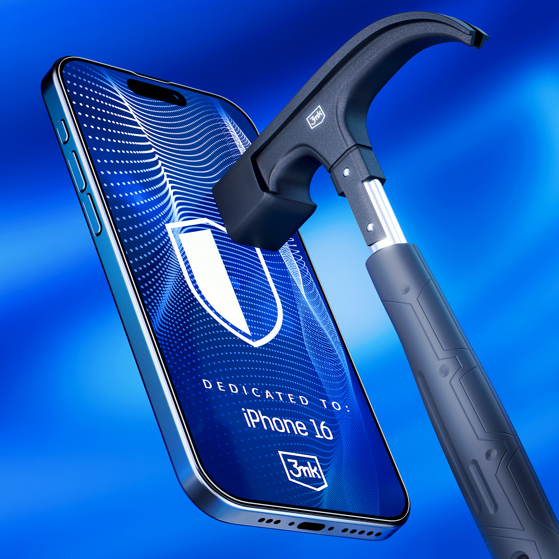 Młotek uderza w ekran telefonu. Ekran wyświetla grafikę tarczy i tekst.