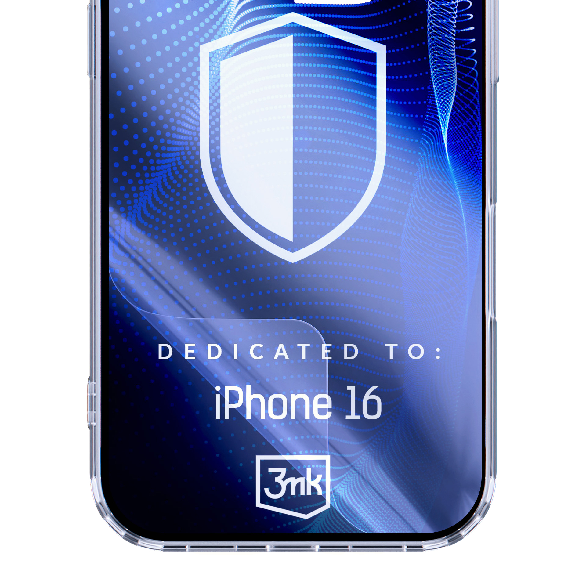 Zbliżenie na ochraniacz ekranu z grafiką tarczy, z napisem 'iPhone 16'.