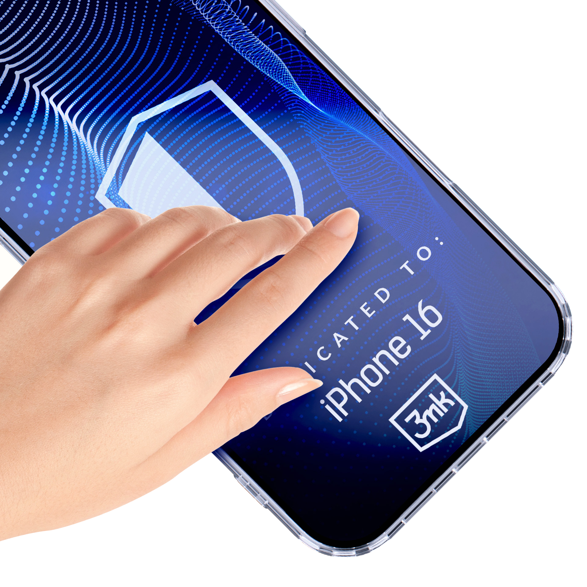 Dłoń dotyka ekranu telefonu z grafiką tarczy, z napisem 'iPhone 16'.